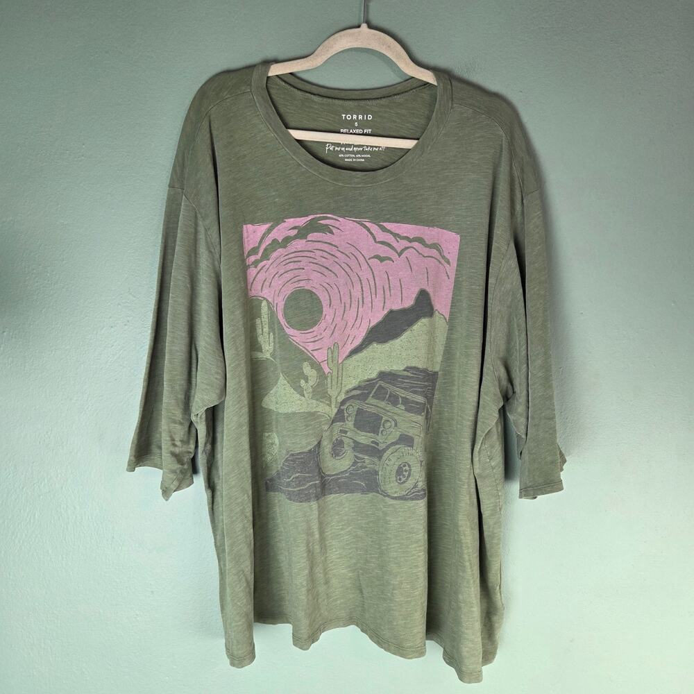 Torrid Womens Olive Off Road Relaxed Fit Cotton Burn Out Crew Neck Varsity Tee 5